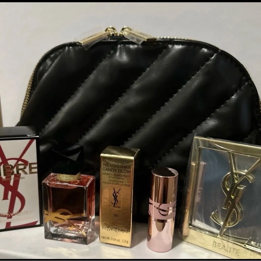 Yves Saint Laurent Gold & Black Mini Makeup Set with Quilted Pouch